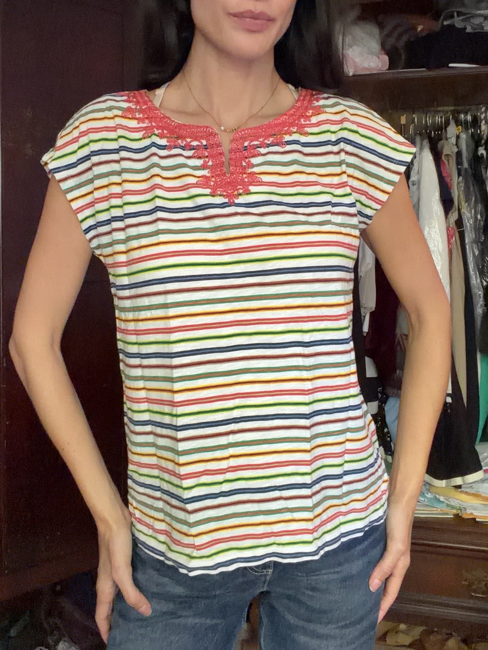 Talbots Rainbow Stripe Knit Top Coastal Preppy Resort Short Sleeve Medium